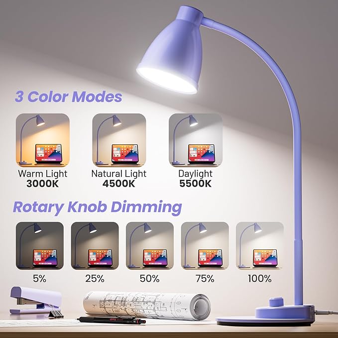 BOHON LED Desk Lamp with USB Charging Port, 3 Color Modes Fully Dimmable Reading Lamp, Auto Dimming Task Lamp, Flexible Neck Table Light for Office Dorm Bedside, Adapter Include