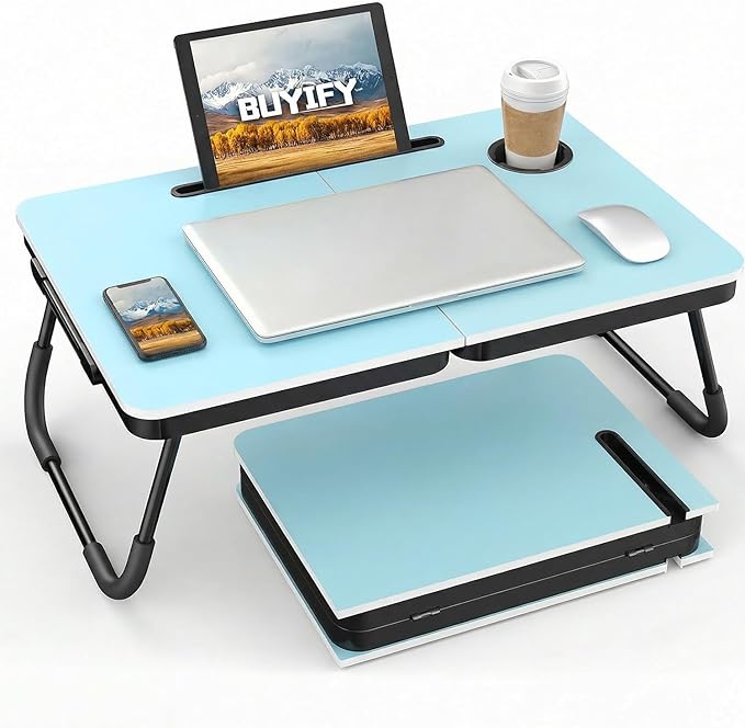 BUYIFY Foldable Laptop Bed Desk for Couch, Sofa - Large Lap Desk Tray Table with Cup Holder and Tablet Slot - Portable Notebook Stand for Eating, Writing, Studying and WFH (Blue)
