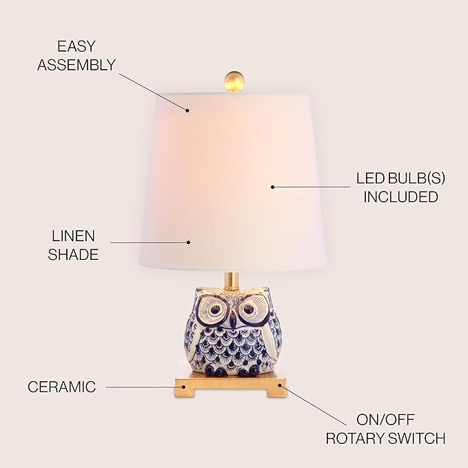 JONATHAN Y 16" Blue/White Ceramic Owl Mini Table Lamp for Bedroom or Office, Modern Farmhouse Nightstand Lamp with White Linen Shade, LED Bulb Included JYL3014A