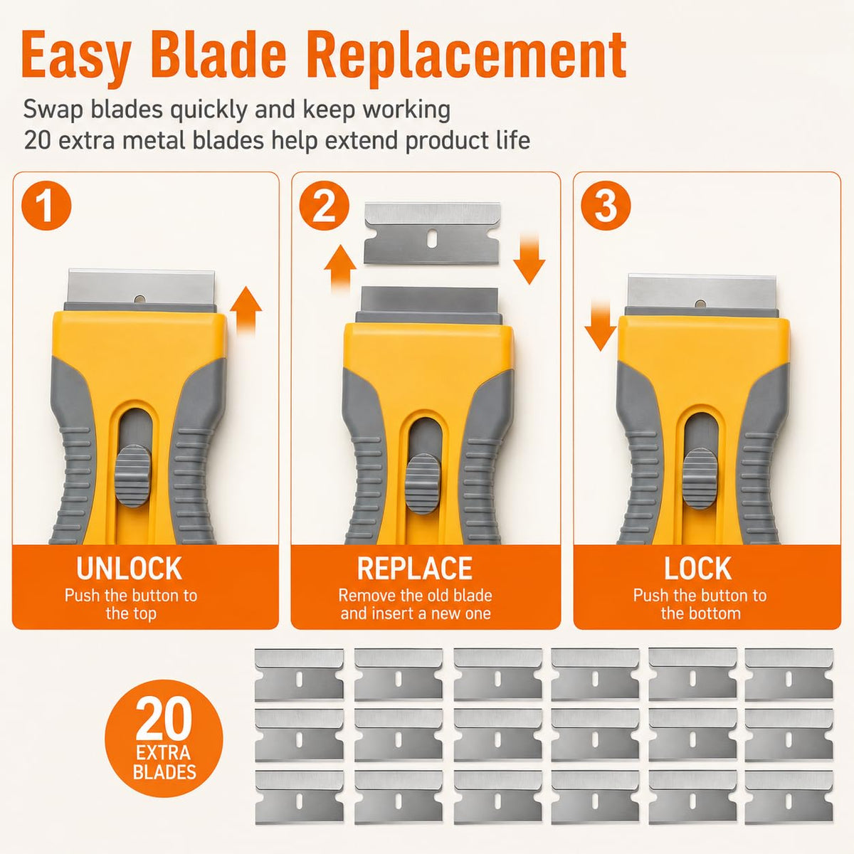 Razor Blade Scraper Set, 2 Safety-Lock Handles + 20 Steel Blades
