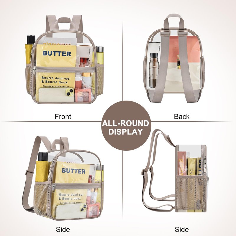 Slumou Clear Backpack for Stadium Events 12x12x6 Sports Backpack Mini Small for Fan, Concert, Beach, Work, Travel & Sporting（Khaki）