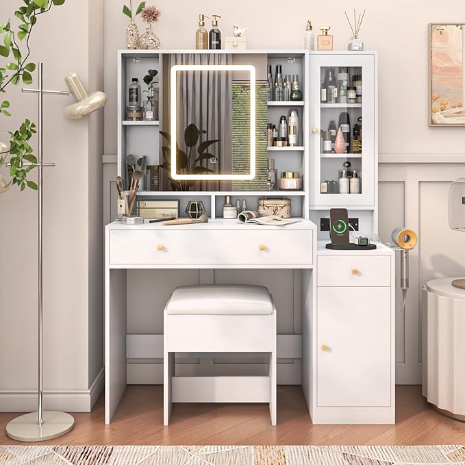 43 "White Makeup Vanity Desk w/Lights & Sliding Mirror,Adjustable LED Lighting, Vanity Table Set w/Stool,Power Outlet,Storage Drawers Shelves Cabinet,Vanity Set with Cushioned Stool for Girls Women