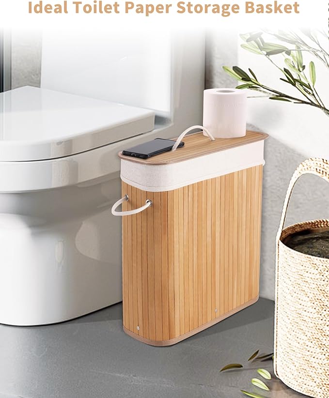 Bamboo Toilet Paper Storage with Lid & Handel, 8 Gallons (30L), Sturdy Toilet Paper Basket, Organizer for Bathroom, Kitchen, Holder with Storage, Natural