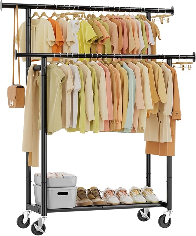 Simple Trending Clothes Rack, Double Rods Clothing Rack for Hanging Clothes, Metal Garment Rack with Rolling Wheels, Portable Wardrobe Closet Rack for Coat, Bedroom, Laundry, Black