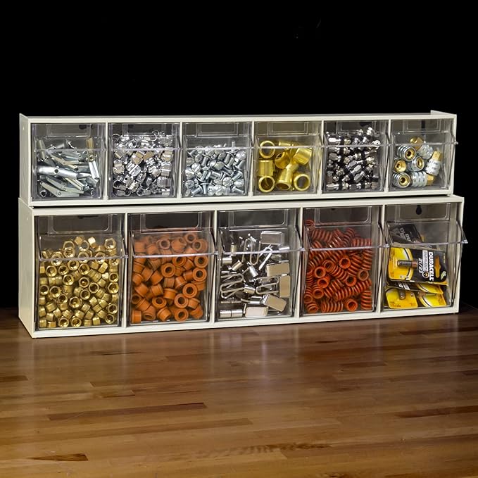 Akro-Mils TiltView Plastic Storage Cabinet with 6 Tilt Out Bins, Horizontal Plastic Parts Organizer, Teacher Toolbox, and Office Supply Organizer, 23-5/8" W x 3-1/2" H x 3-3/4" D, Stone