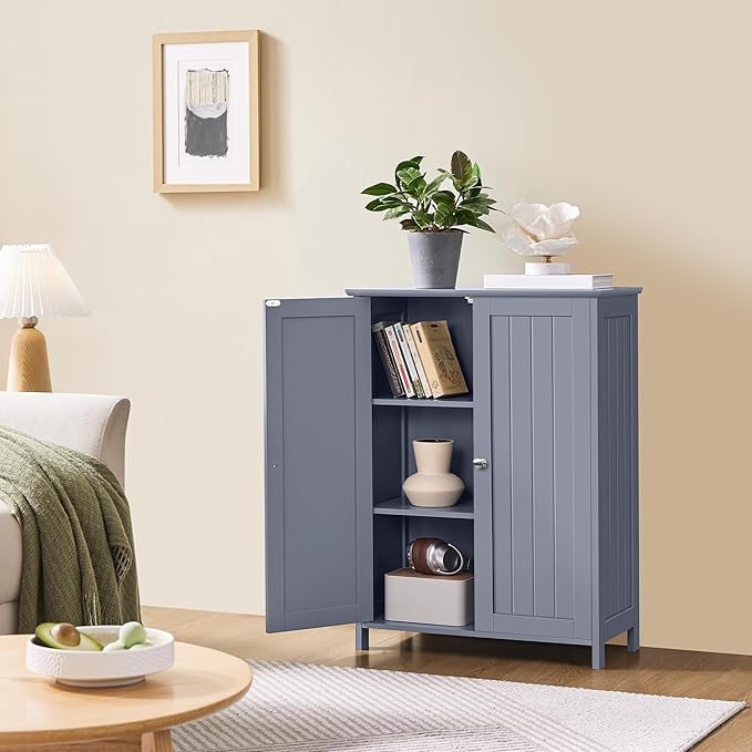 Yaheetech Bathroom Floor Cabinet, Modern Storage Freestanding Organizer Cabinet with Adjustable Shelves & Double Doors, 3-Tier Home Living Room Furniture, Gray