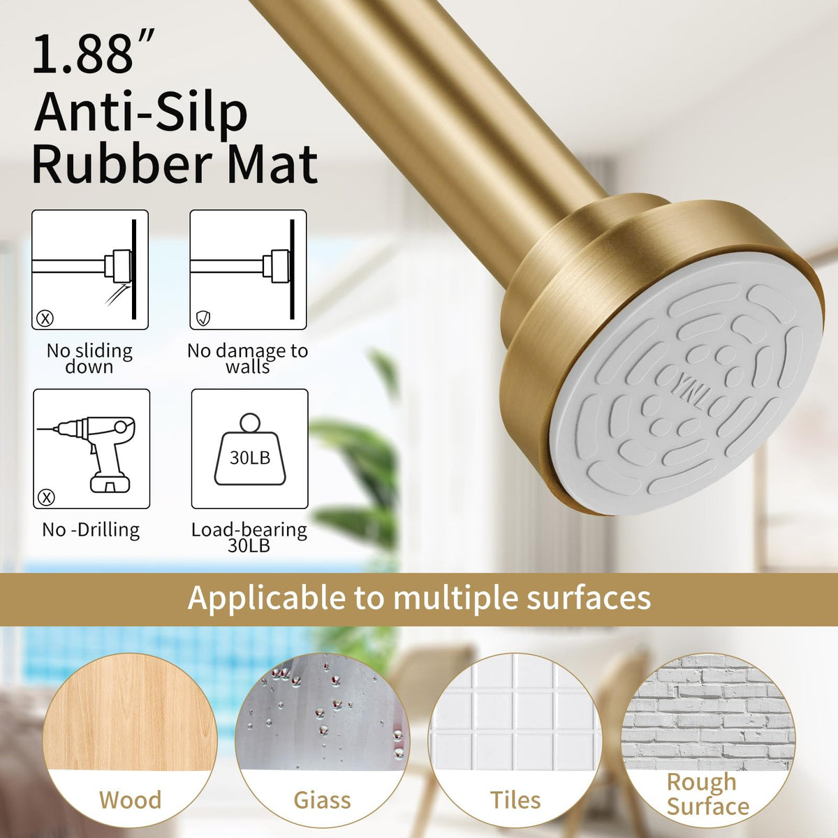 YNL Shower Curtain Rod 34-82 Inches (2.8-6.8ft) Adjustable Spring Shower Rod No Drilling, Non-Slip, Never Rust, Stainless Steel, Suitable for Bathroom Window Living room, Gold