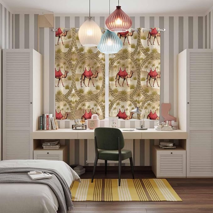 2 Panel Kitchen Cafe Curtains, Desert Camels Sunlight Filtering Nature Air