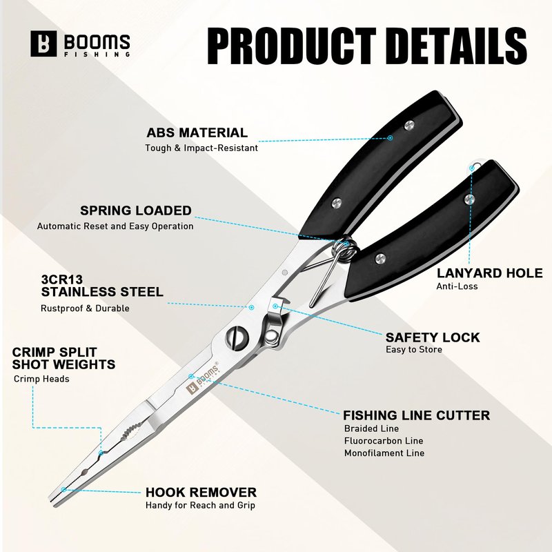 Booms Fishing Pliers Hook Remover: 8" Long Nose Fish Pliers Stainless Steel for Saltwater - Braid Line Cutters with Coiled Lanyard and Safety Lock Design, Multi-Function Fishing Tool For Men, H06