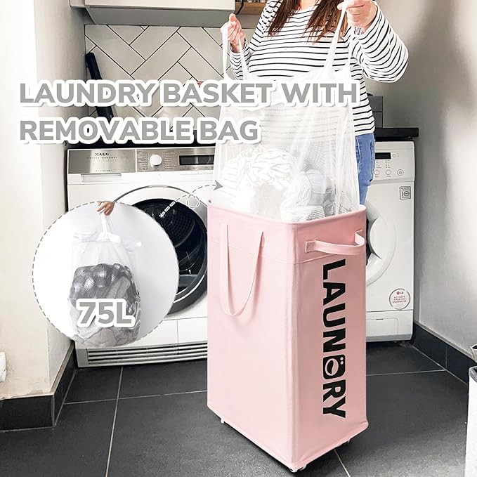 CHICVITA Slim Laundry Hamper with Wheels 75L, Collapsible Rolling Laundry Basket for Living Room, Pink Laundry Hamper for College Dorm