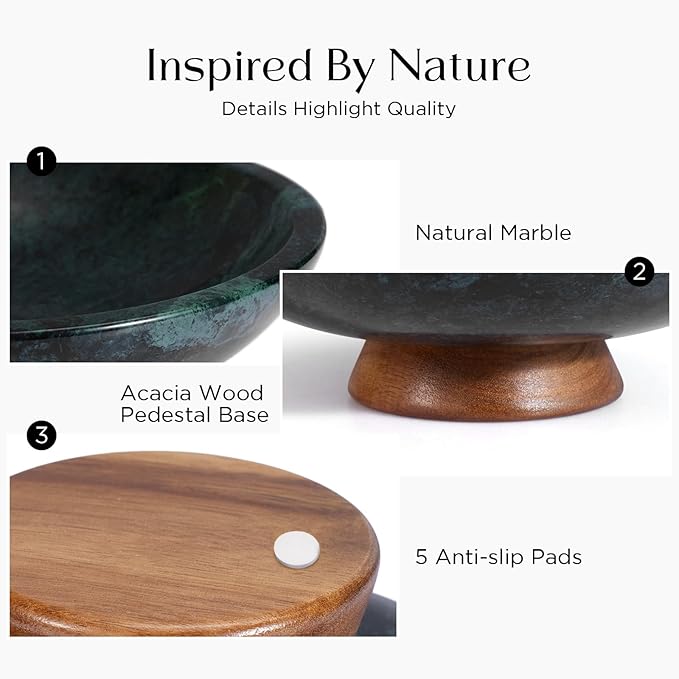 Green Marble Fruit Bowl with Acacia Wood Pedestal, Large Decorative Footed Bowl, Natural Stone Centerpiece for Kitchen Counter, Entryway, Keys, Dining Table, House Warming Gifts New Home(11Inch)