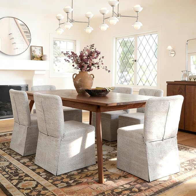 Kitchen Table Chairs Set of 6, Linen Upholstered Dining Chairs with Metal Frame, Modern Dining Room Chairs for Kitchen, Grey
