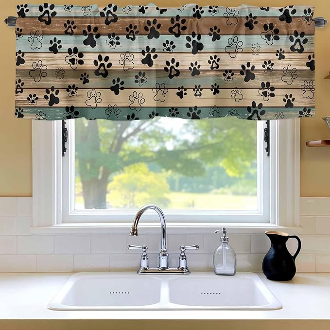 Dog Paws Valances for Windows, Teal Brown Wood Grain Kitchen Valance Light