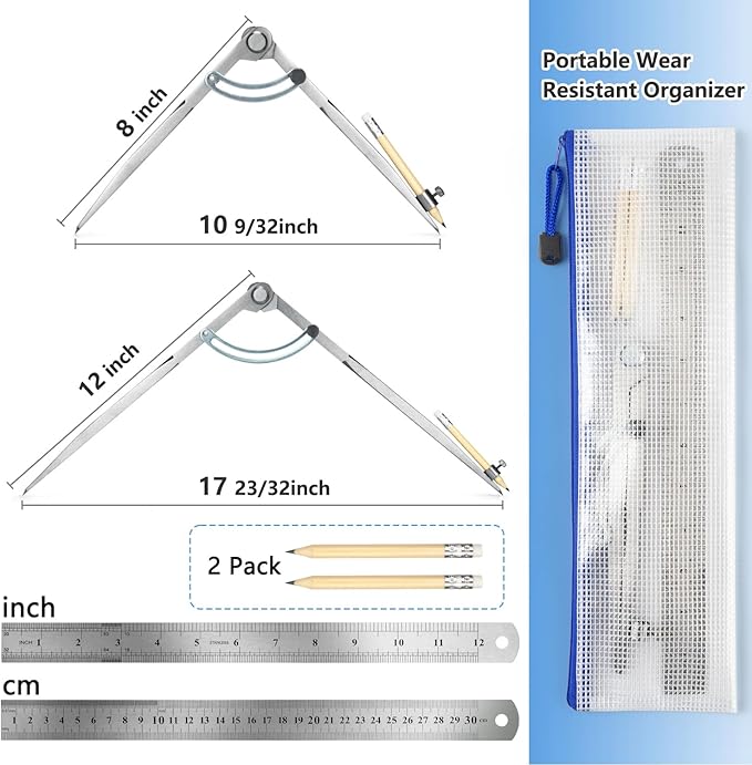 WORKLION Woodworking Compass Geometry Set - Large Locking Pencil Compass for Drawing Circles, Professional 8 Inch Woodworking Compass with 2 Pencils and a 12inch Ruler, Perfect for Precision Geometry.