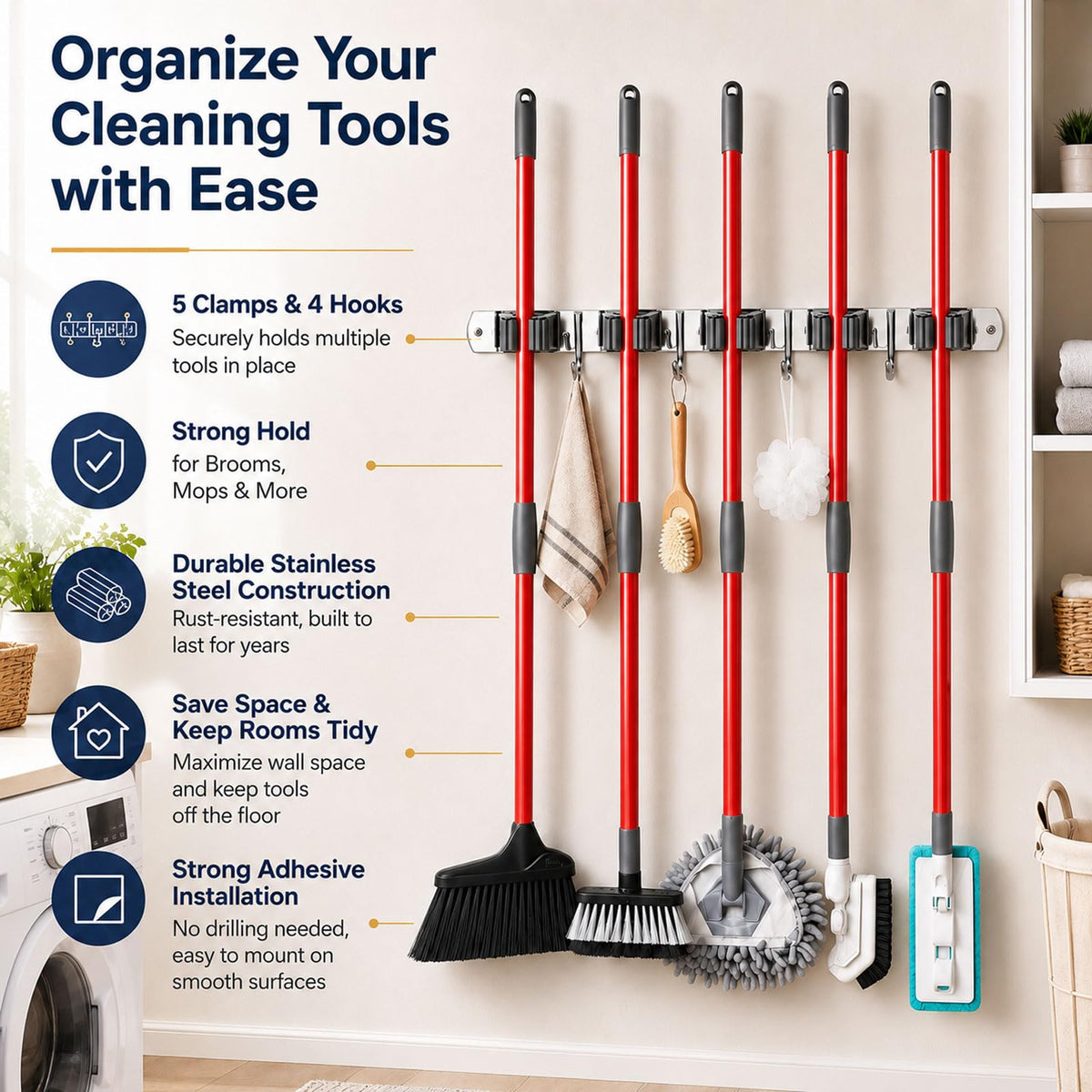 voze 5 Racks and 4 Hooks Mop and Broom Holder Wall Mount, Self Adhesive Heavy Duty Broom Hanger Organizer Storage Tool Racks for Kitchen Garden Laundry Garage