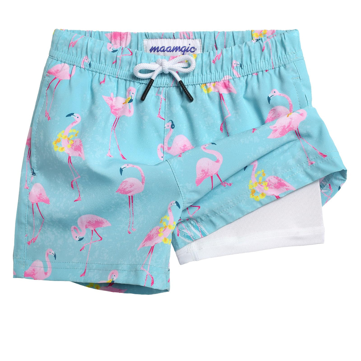 maamgic Boys Swim Trunks with Compression Liner Toddler Stretch Swim Shorts Quick Dry Swimming Trunks Boxer Brief 2 in 1 Beach Shorts Aloha Flamingos 4T