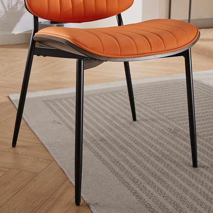 Dining Chairs Set of 8, Mid Century Modern Accent Dining Room and Kitchen Chairs, Upholstered PU Leather Vertical Stripe Chairs for Vanity with Walnut Bentwood and Metal Legs, Orange