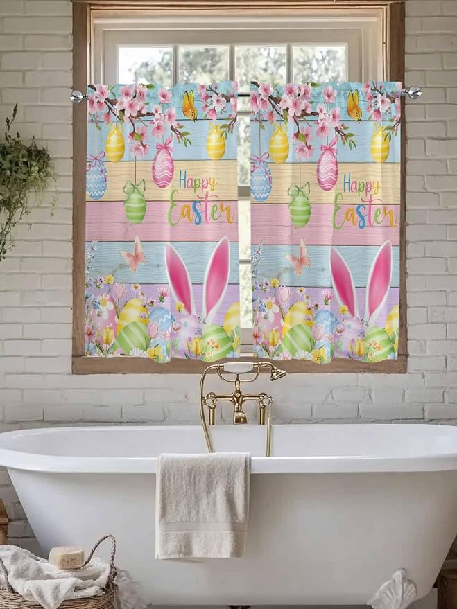 Colorful Easter Tier Curtains 45 Inches Long, Spring Watercolor Bunny Egg