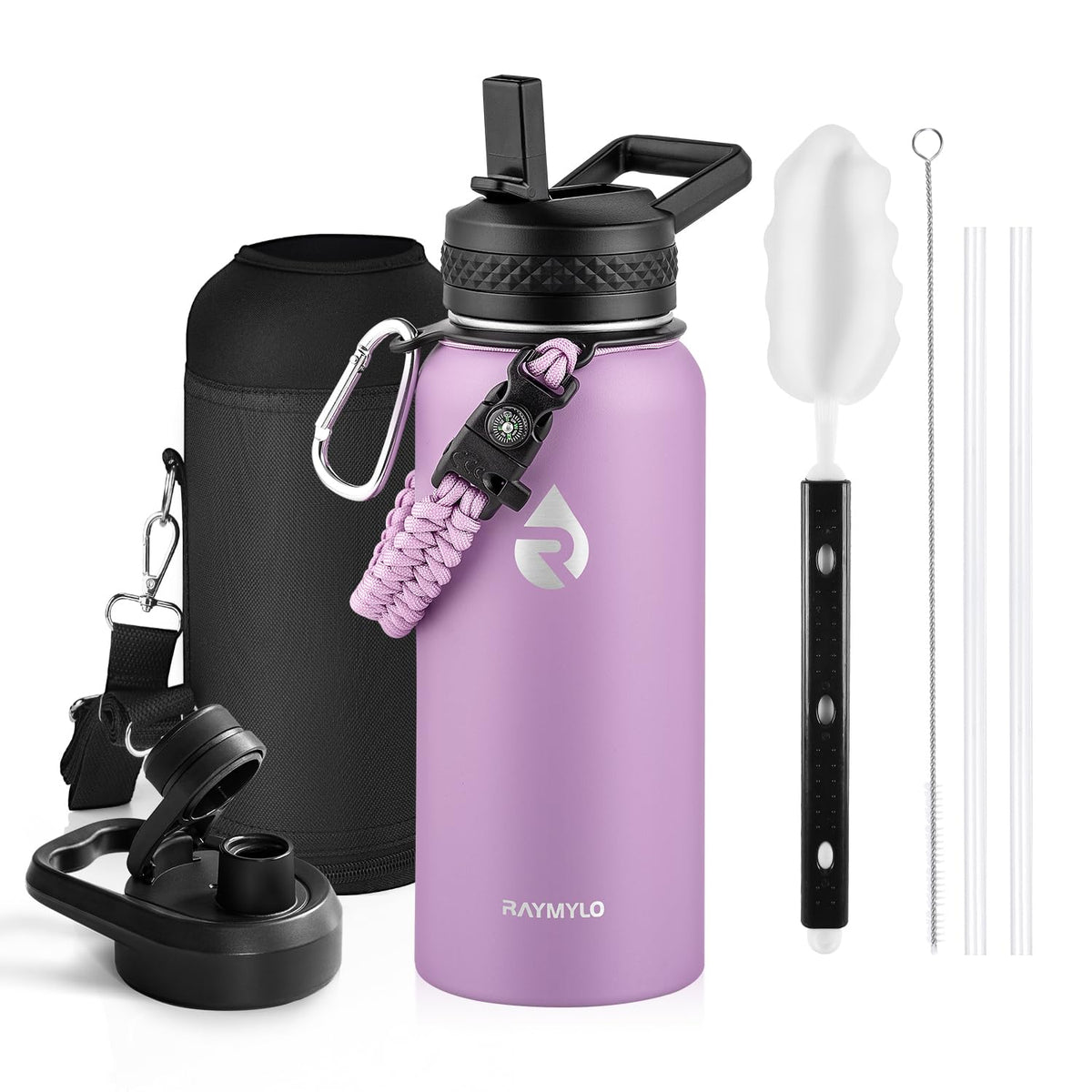 RAYMYLO Insulated Water Bottle 32 oz, Triple Wall Vacuum Stainless Steel (Cold for 24Hrs, Hot for 12Hrs), Leak Proof & Non-BPA, Modern Water Flask Jug with Paracord Handle & Straw Spout Lids