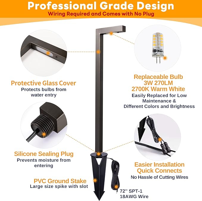 Outdoor Pathway Lights Brass, LED Landscape Path Lights, Low Voltage Driveway Lights Waterproof, L Shape 12V Wired Bronze for Walkway Sidewalk with 3W 270LM 2700K G4 Bulb 6 Pack