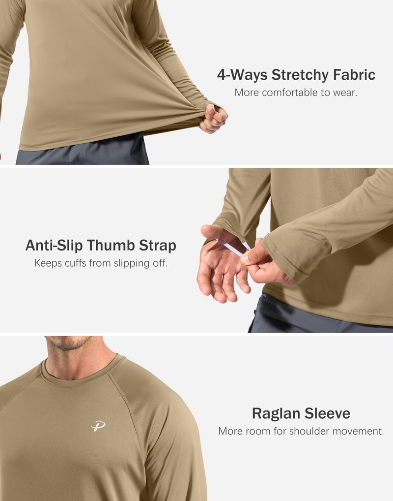Pudolla Mens Long Sleeve Running Shirts Quick Dry SPF Rash Guard Lightweight Hiking Workout Sun Protection Tee(Khaki L)