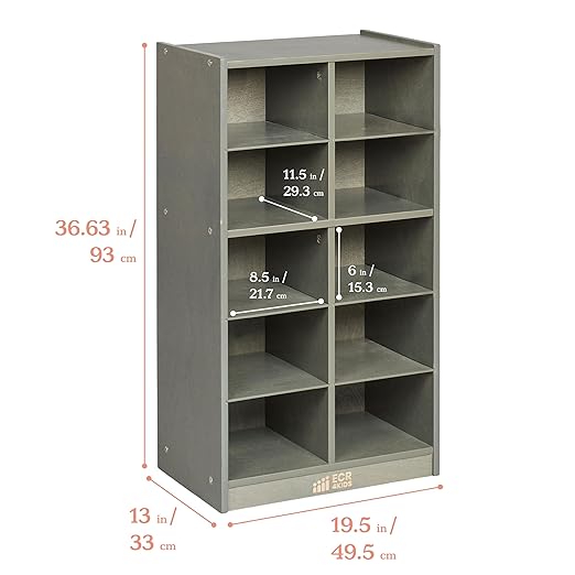 ECR4Kids 10 Cubby Mobile Tray Storage Cabinet, 5x2, Classroom Furniture, Grey Wash