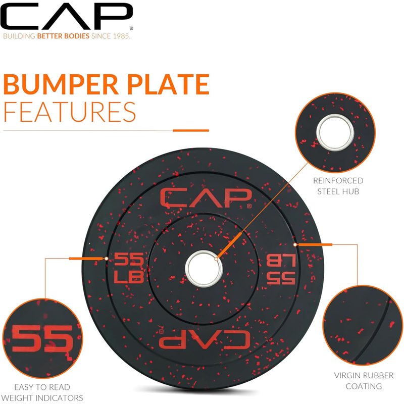 CAP 370 lb Economy Speckled Olympic Bumper Plate Set with Storage Rack, 2-Inch Olympic Plates, Medium Bounce Rubber Weight Plates with Steel Hub, 6 Weight Posts & 4 Barbell Holders for Weightlifting, Strength Training & Home Gym Workouts