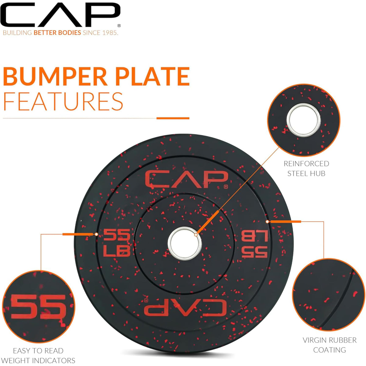 CAP 260 lb Economy Speckled Olympic Bumper Plate Set with Storage Rack, 2-Inch Olympic Plates, Medium Bounce Rubber Weight Plates with Steel Hub, 6 Weight Posts & 4 Barbell Holders for Weightlifting, Strength Training & Home Gym Workouts