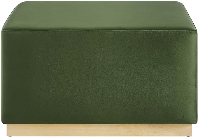 Modway Tilden 28 Inch Square Performance Velvet Upholstered Ottoman in Moss Green Natural - Large Ottoman Foot Rest with Rubberwood Plinth Base, Living Room Ottoman Coffee Table - Velvet Ottoman Table
