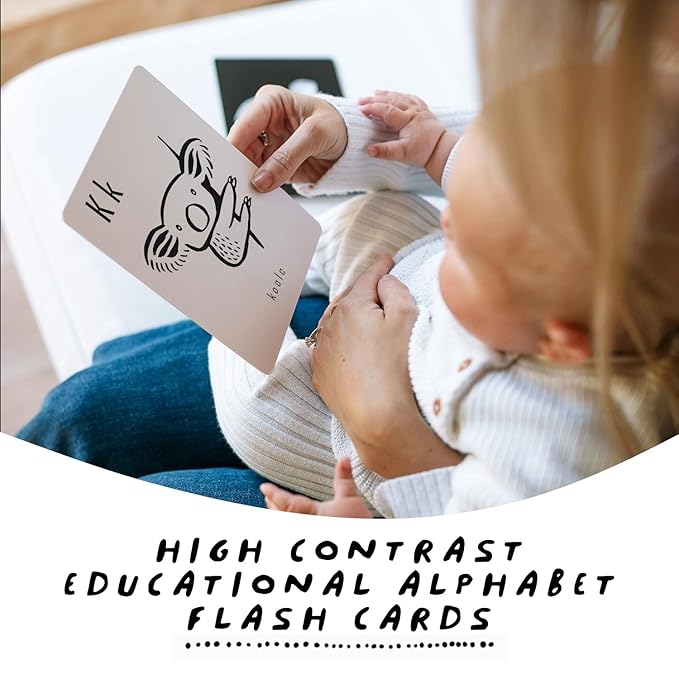 Wee Gallery Educational Flashcards for Babies, Double Sided Black and White Learning Flash cards, Woodland Animal Alphabet Cards for Visual Stimulation and Cognitive Development of Toddlers