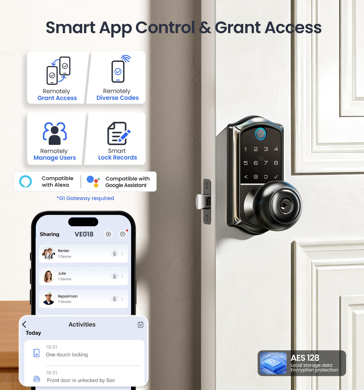 Veise VE018 Smart Knob Handle Lock - Fingerprint, App Control, Keyless Entry for Front Door and Bedroom, Electronic Digital Keypad, Auto Lock, Remote Access Sharing, Easy Installation, Matte Black