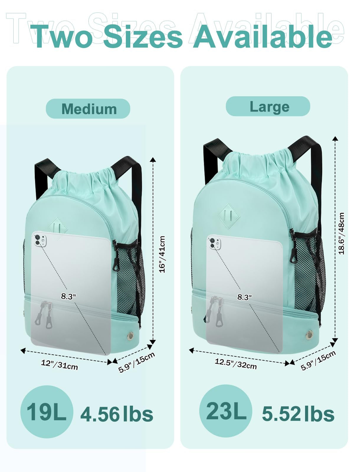RHDZO Drawstring Backpack Gym Backpack with Shoe Compartment for Men Women String Sports Bag with Wet Pocket Cinch Swim Beach Bag, Large Mint Green