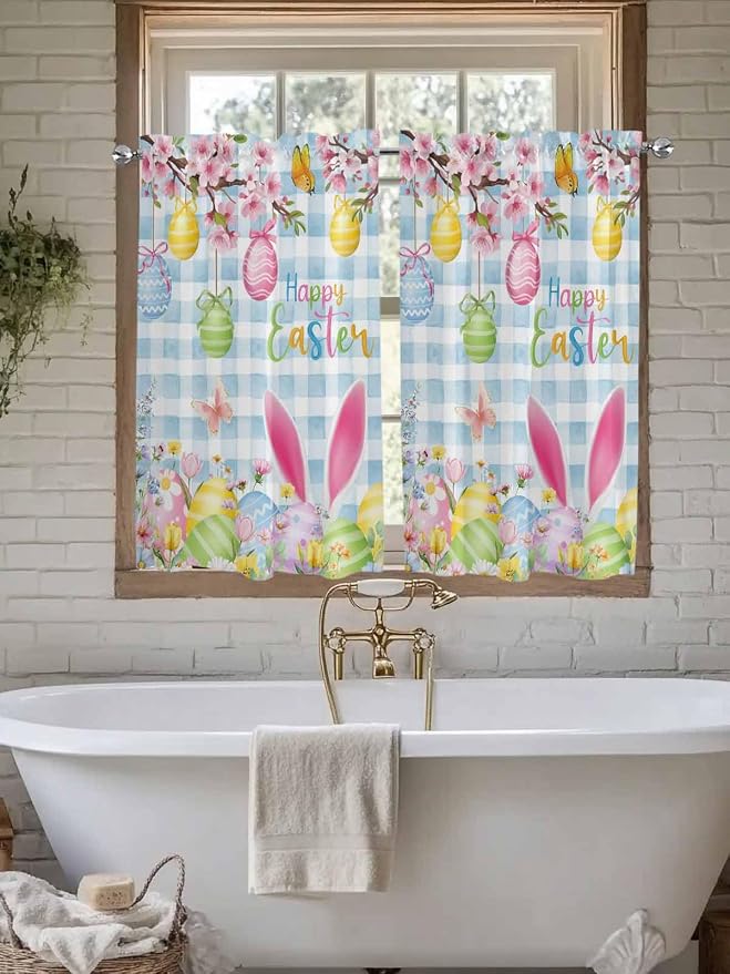 Happy Easter Tier Curtains 45 Inches Long, Spring Watercolor Bunny Eggs Flower