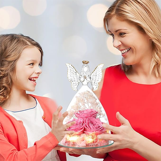 Ocosy Mothers Day Rose Gifts for her, Large Angel Rose Gifts for Women, Forever Real Roses in Angel Figurines, Angel Guardian with Roses Flower, Sweet Pink