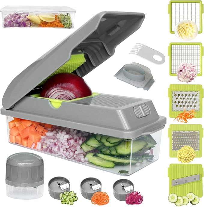 LHS Veggie Chopper with Container, 9 in 1 Manual Food Chopper Cutter, Grey