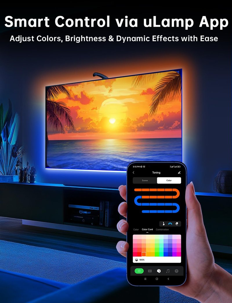 FFJ TV LED Backlight with Sensor, 14.7ft Cuttable RGB Lights that Change with TV for 55-65 Inch Screen and PC Monitor, Smart App Control, Game & Music Sync Color Changing Light