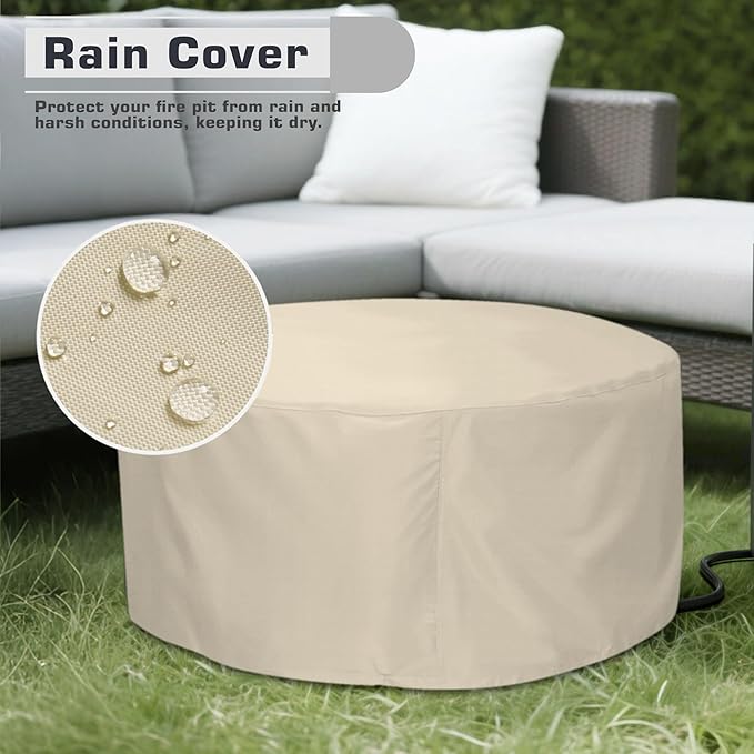 2-Piece 30" Round Propane Fire Pit for Outside Patio with Hidden Tank Table, 50,000 BTU Fireplaces with Wind Guard, Lid, Glass Rocks, Cover(Wood Grain Ebony)
