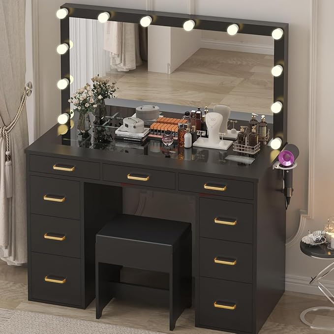 Likein Vanity Desk with Mirror and Lights & Power Strip, Glasstop Vanity Makeup Desk Set with 9 Drawers for Women Girls, Lights Adjustable Large Hollywood Mirror Dressing Table with Chair for Bedroom