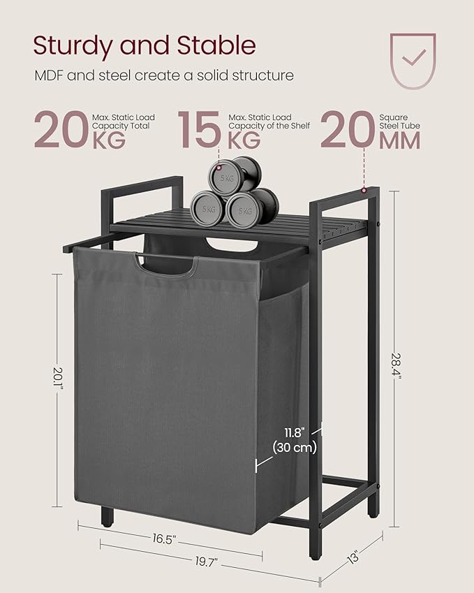 VASAGLE Laundry Hamper, Laundry Basket, Laundry Sorter with A Pull-Out and Removable Bag, Shelf, Metal Frame, 17.2 Gallons (65 L), 19.7 x 13 x 28.4 Inches, Gray and Black UBLH101G01