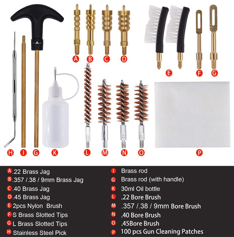 APCHYWELL 18 PCS Handgun Cleaning Kit for.22 .9mm/.357/.38/ .40 .45 Caliber Pistol with Bronze Bore Brush, Brass Jag Adapter, Empty Bottle, Nylon Brushes