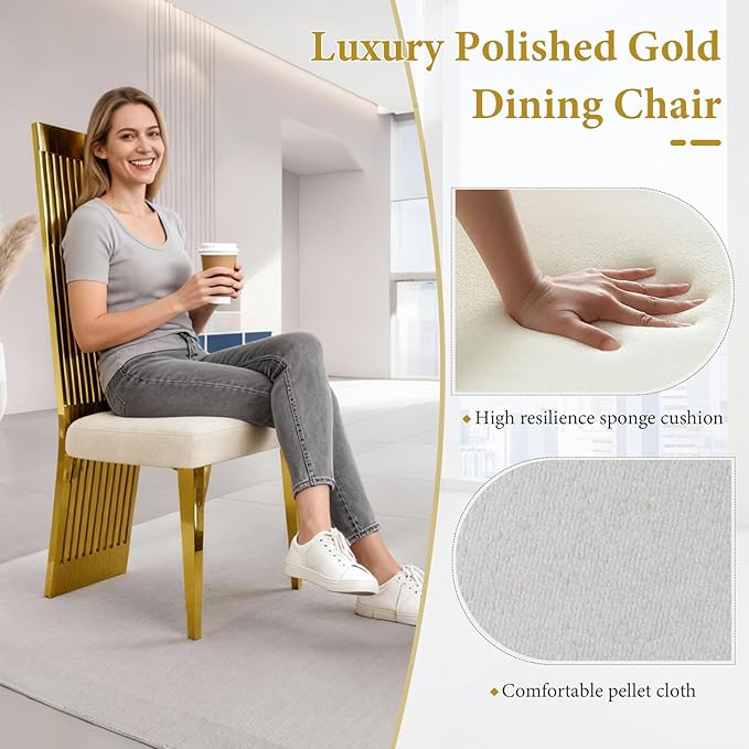 Modern Glod Dining Chairs Set of 2, Upholstered High Back Dining Chairs with Polished Stainless Steel Backrest and Legs, Luxury Dining Room Chairs for Kitchen Living Room Restaurant
