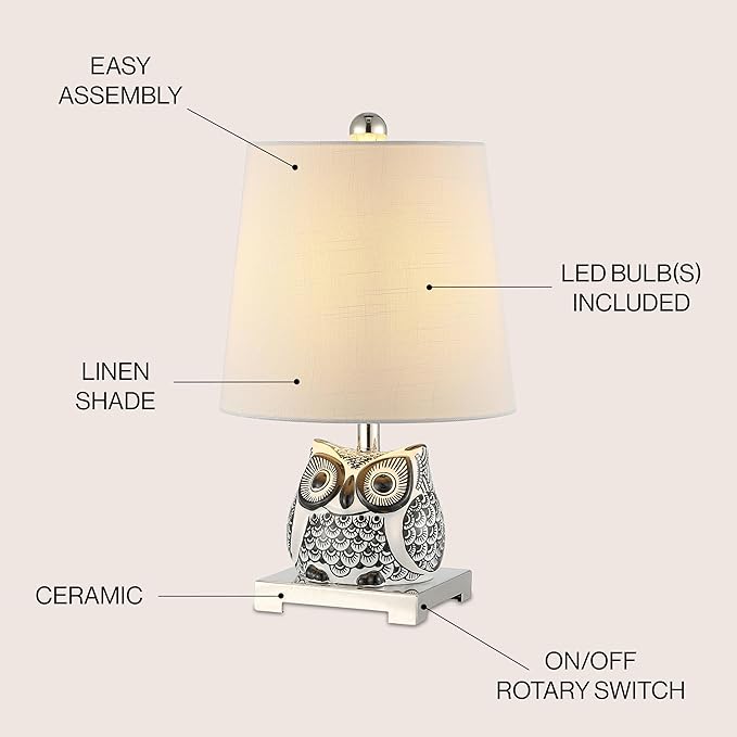 JONATHAN Y 16" Black/White Ceramic Owl Mini Table Lamp for Bedroom or Office, Modern Farmhouse Nightstand Lamp with White Linen Shade, LED Bulb Included (JYL3014C)