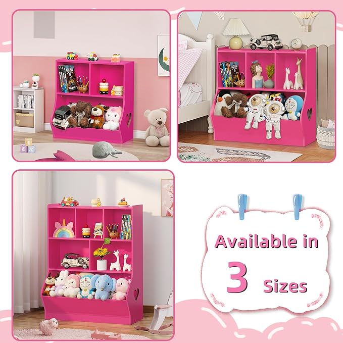 Lerliuo Baby Toddler Bookshelf and Storage Organizer, Kids Cabinet and Bookcase, Wooden 3 Cubby Children Book Shelf for Playroom, Bedroom, Nursery, School 23.62'' H (Pink)