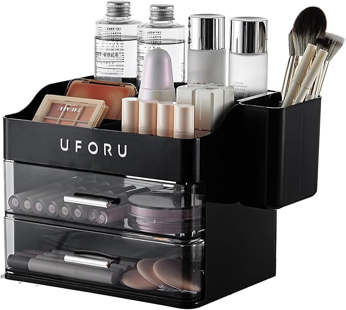 Makeup Organizer for Vanity with Brush Holder, Countertop Organizer with 2 Drawers, Spacious Cosmetic Display Case for Beauty Essential, Skincare, Lipstick