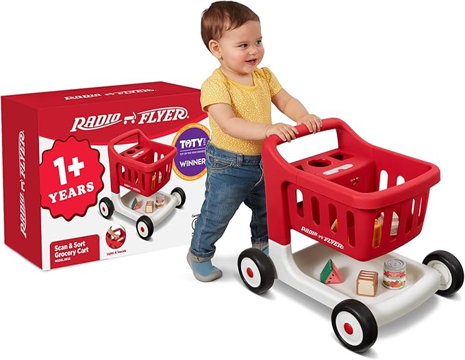 Radio Flyer Toddler Shopping Cart Walker with Wheels, Lights, and Sound for Ages 1+, Educational and Imaginative Play and Walk Behind