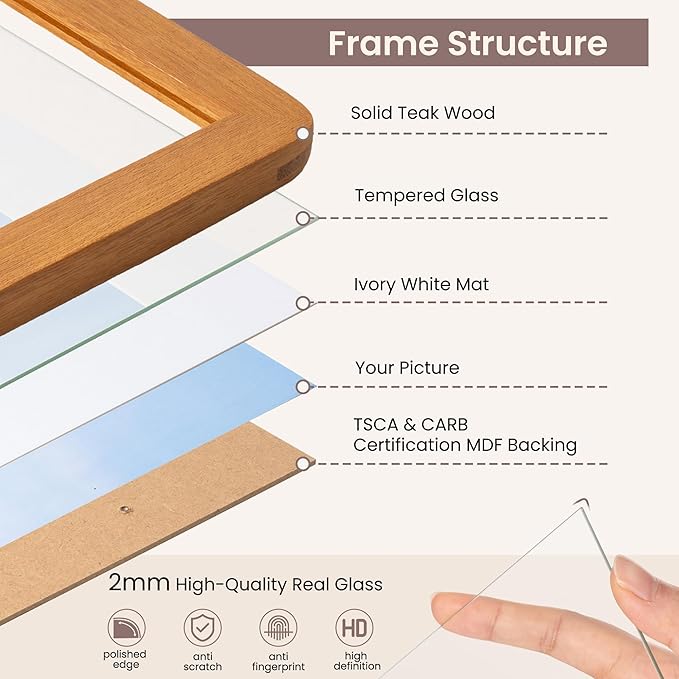 4x6 Picture Frame - Solid Teak Wood Photo Frame 4x6 with Mat for 3.5x5, 4''x6''Photo Frame,Tabletop and Wall Display, Hanging Hardware Included, 4 By 6 Picture Frame Wood, Natural Teak