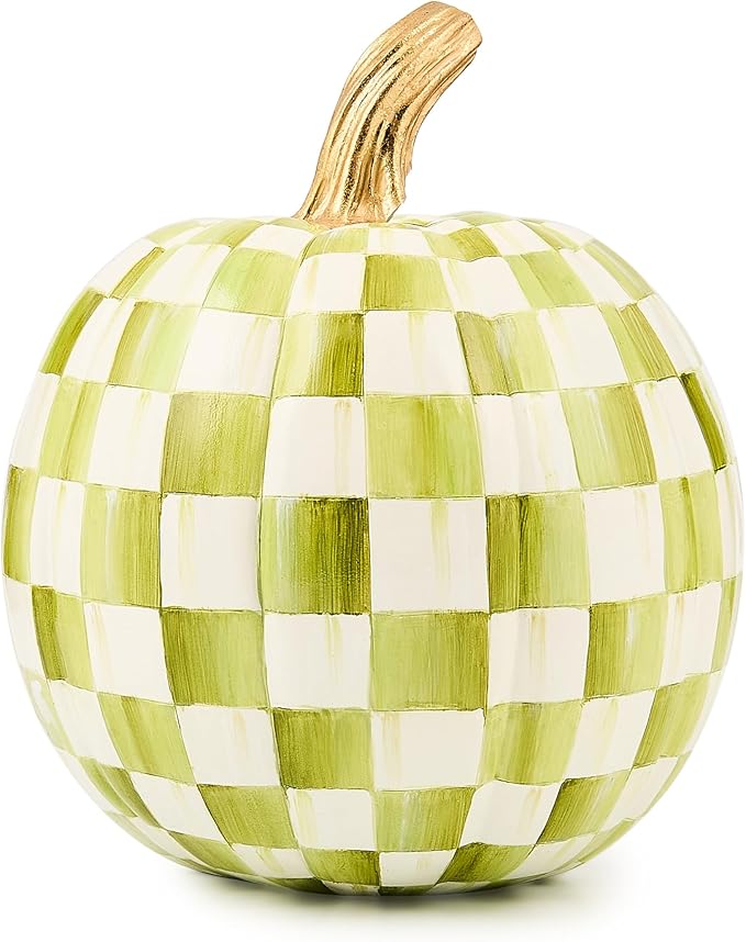 MACKENZIE-CHILDS Pumpkin, Resin Halloween and Fall Decor, Small, Olive-Green Moss Check