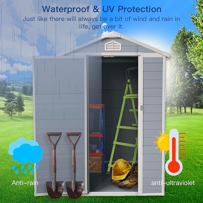 6x4 FT Outdoor Storage Resin Shed with Floor, Waterproof Plastic Garden Tool Shed with Windows, Vents & Lockable Door and Sloped Roof, Easy to Assemble Bike Shed for Patio, Backyard, Lawn, Grey