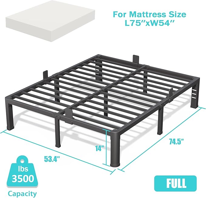 14 Inch Full Bed Frame with Rounded Corner and Headboard Hole Mattress Retainers 3500 lbs Heavy Duty Support Metal Platform Bed Frame Noise Free No Box Spring Needed Easy Assembly