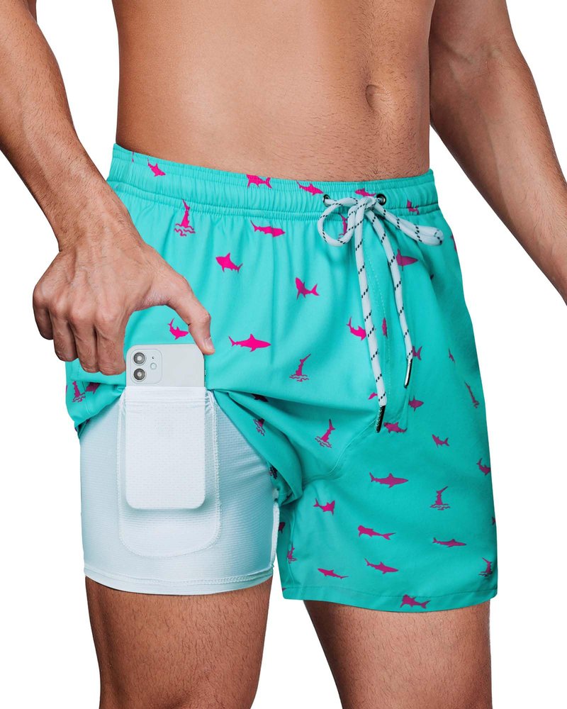 Gleeease Swimming Trunks for Men Swim Shorts Men 5 inch with Compression Liner Pockets Drawstring Quick Dry Stretch Lined Funny Beach Swimming Pool Surf Shark Blue X-Large